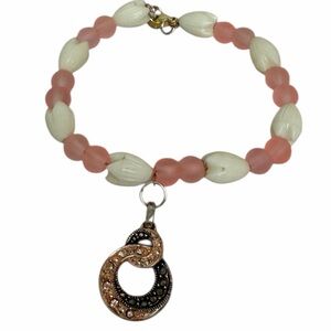 Pink Frosted Glass & Faux Puka Shell Bracelet with Yin Yang Charm
